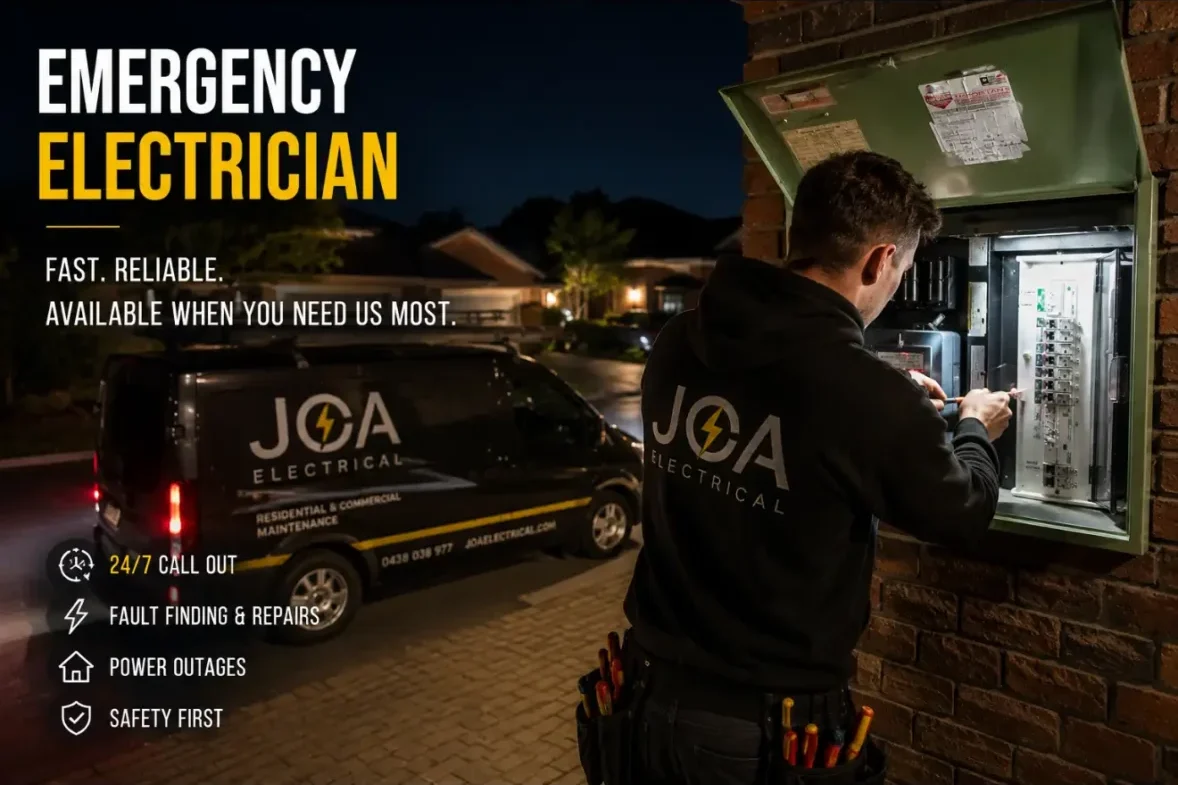 JOA Electrical emergency electrician working at a switchboard at night beside a JOA Electrical van. 24/7 call out, fault finding and repairs, power outages